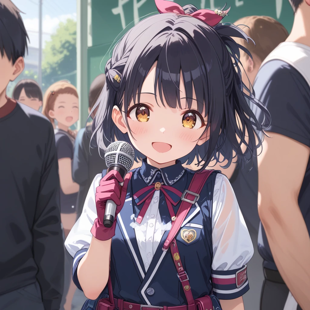 score_9, score_8_up, score_7_up, source_anime, best quality, masterpiece, break, Very cute junior high school girl , small breast, small hips, Black Hair, half updo hair ribbon, break, upper body zoomed, break,  1 microphone in one hand ,  lifts her skirt with her opposite hand,  Smile Singing Song , break, Idolmaster Costumes, gloves, dress, Best, Pouch on belt, break, ( too many exited audience around a girl in background:1.2), ( exited audience take a video :1.2), break,  Live Venue Indoor Hall , (random seed 52 : 0) 