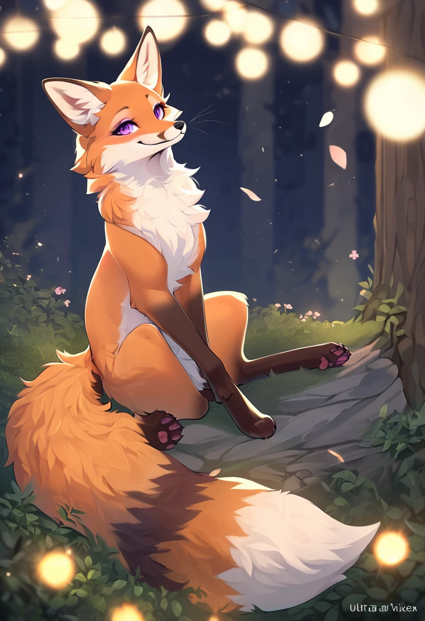 red fox, female, vixen, friendly smile, lovely, heart, beautiful, hair, yellow eyes, full body, night, moody, elegant, mysterious, highres, unparalleled masterpiece, perfect artwork, absurdres, rzminjourney, vector-art, masterpiece)(kemono, furry anthro), sitting on a tree branch, thigh highs, wearing something simple to cover chest subtly, tattoo on hips, side view, seductive pose, moon, beautiful night sky, stars, black night sky