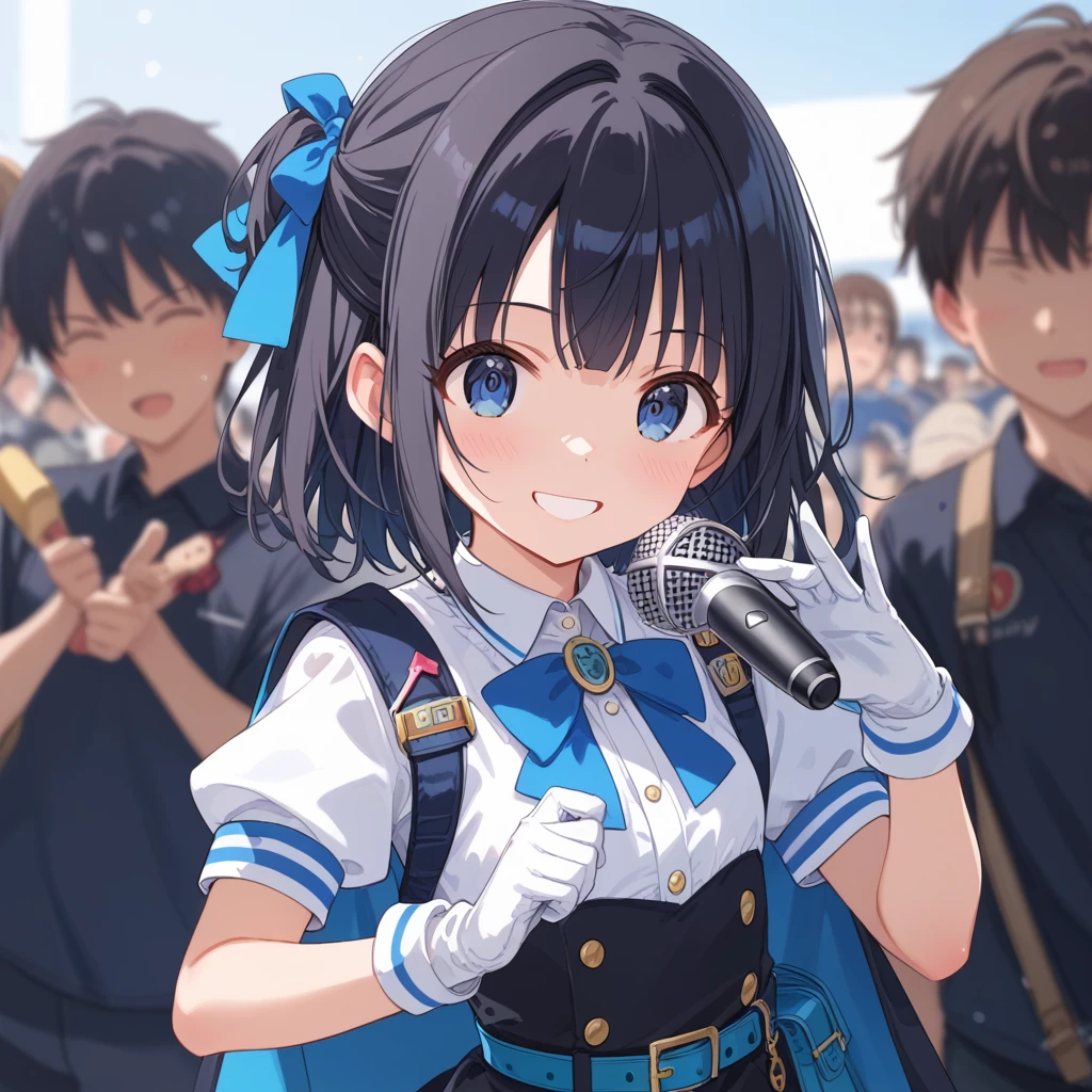 score_9, score_8_up, score_7_up, source_anime, best quality, masterpiece, break, Very cute junior high school girl , small breast, small hips, Black Hair, half updo hair ribbon, break, upper body zoomed, break,  1 microphone in one hand ,  lifts her skirt with her opposite hand,  Smile Singing Song , break, Idolmaster Costumes, gloves, dress, Best, Pouch on belt, break, ( too many exited audience around a girl in background:1.2), ( exited audience take a video :1.2), break,  Live Venue Indoor Hall , (random seed 52 : 0) 