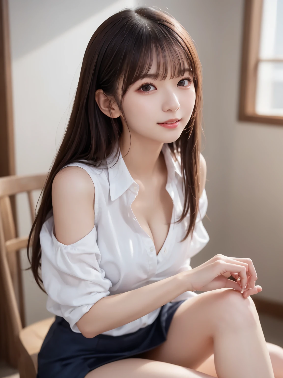  white shirt 、 complex and beautiful eyes、woman、 womanらしい黒髪、(Long and beautiful legs : 1.5), (Mysterious One Piece : 1.6), skirt、(Delicate and realistic hair、１Realistic hair)、bangs、 natural colored lips、(smile : 1.1)、((White Indoor))、((18歳woman:1.2))、 young and adorable Japanese face wrapping a rope around their legs,  official art， very detailedなCGユニティ8Kの壁紙，（masterpiece:1.0),(Best Quality:1.0), 超 high resolution on down,4K, very detailed, photo shoot, 8k,  NFSDW,  high resolution on down,  Kodak Portrait 400 ,  film grain,  lens flare glow ,高いest quality,8k, NFSDW:1.2),  Portrait Shot ,8k、 viewer, (((Front View))), (((Front View))), ((facing))、 body facing forward、Bold cleavage、 tight chest、 small face, Best Quality、 Super beautiful images、stand up