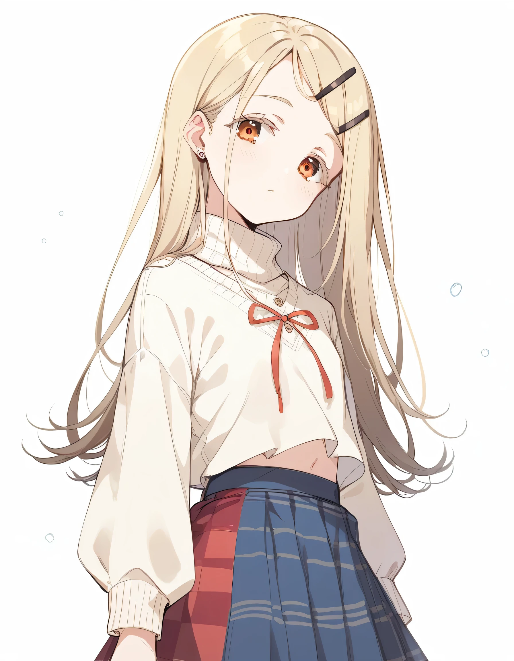 shinosawa hiro,slender,umber eyes,blonde hair,long hair,hairclip,twintail,flat chest BREAK red checkered skirt,turtleneck sweater
