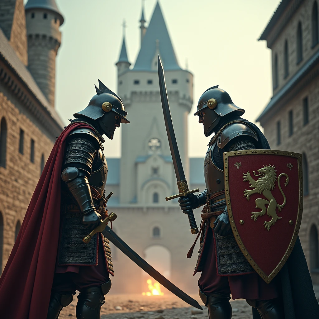 (At the heart of the game, mortal combat , detailed photo image ,UHD,HDR,8k render) , in the background of a European castle {x} on the left of the screen, a samurai in full Japanese armor with a katana above his head stands in front of a 14th-century European Teutonic knight, With sword and shield,in the right corner,  between them is a large  "vs",  playstyle with a European castle ,