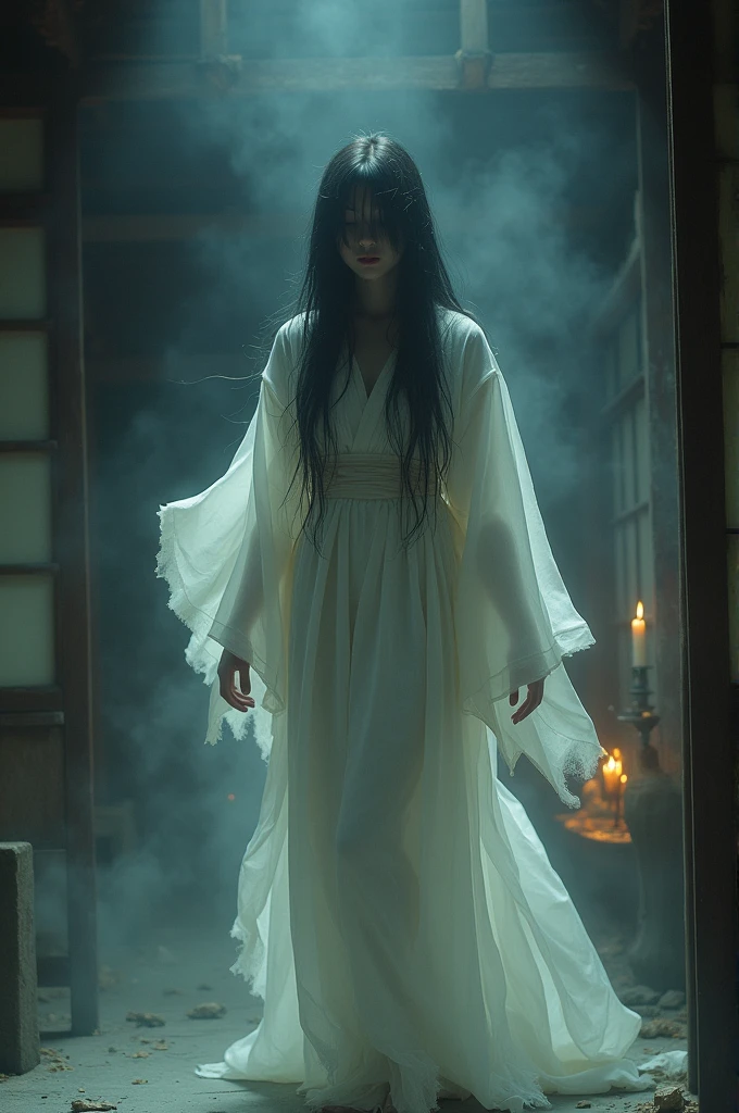 Calm colors、Hundreds of centipedes、Black-haired woman、White kimono、Dirty clothing、Hair that hides the face、Standing Eerie。Nightmare illustration、Surreal fantasy、Thick Fog、Abandoned Corridor、Centipedes on the wall、Jet Black、darkness