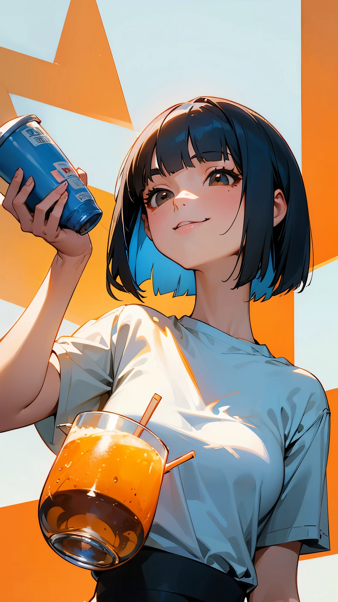 (flat color), (illustration), many layers, choppy, limited tone, (masterpiece), (bestquality), (ultra detailed), profile, woman is drinking a strawberry cocktail through a straw, wearing white T-shirt, wearing blue jeans, aqua hair, short bob hair, slim, mature, flat chest, (walking), (perfect smile), model, perfect shadow,