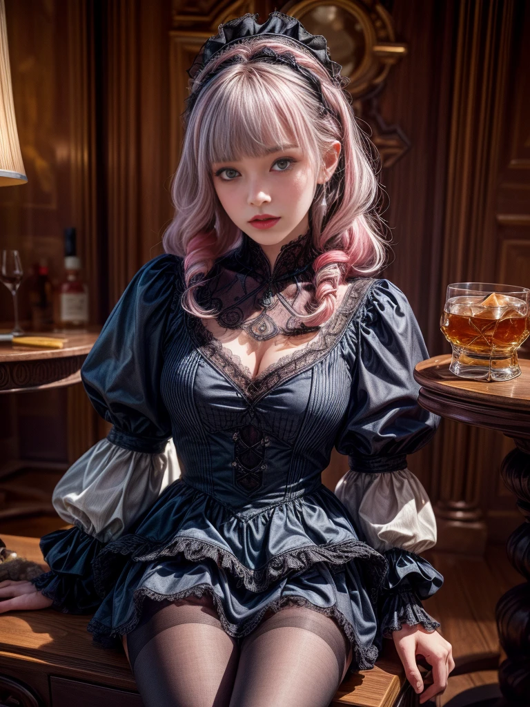 Mature Woman、Pink Hair、Light grey hair、((Two-tone hair))、White Lolita dress with delicate pink decoration、Slender women、Cute Woman、 8K Ultra HD,Detailed face、Delicate texture, Long Hair、(((Blunt bangs)))、(((Drill Hair)))、Tutu skirt、Thigh-length lace tights、short boots、((Ethnic Lolita))、mini skirt、A room in a Western-style building、((Delicate photo))，(Girl Astepeace RAW Photo Details:1.25), (highest quality:1.6), (超A high resolution:1.5), (Realistic:1.75), 8K resolution, Canon EOS R5, 50mm, Absurd, Very detailed,Cinema Lighting、((stuffed toy:1.25))、(Browsing Caution:1.45)、(Spread your legs)、bow、Border pattern panties