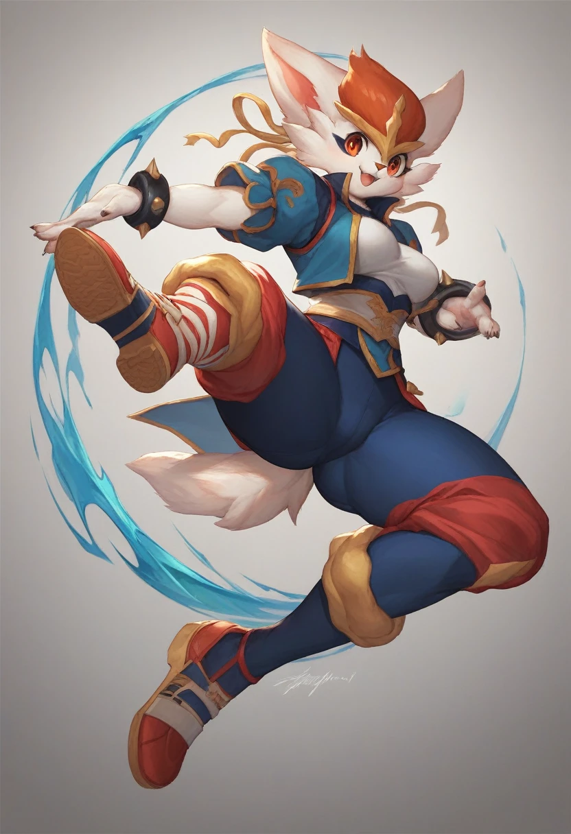 Female, furry, 1 girl, Cinderace in modified Chun-Li outfit (keep Cinderace crown), Dynamic mid-air kick pose, captured in a faraway front view, Character holds her hands raised in preparation for a powerful rising crescent kick (similar to Ryu's Shoryuken from Street Fighter), Excellent cute face with a messy chic haircut: A shaggy, layered cut with a distinctive "pompadour" or "quiff" on top, Shaded body and clothing in Aruurara's artstyle with still life shading, medium breasts, Full-body shot with perfect clothing folds and textures, especially highlighting the well-defined Onitsuka Tiger shoes (ensure no errors in the shoe design), 16:9 aspect ratio, 30 steps, guidance scale 7.5, Emphasize dynamic movement and action with strong, visible speed lines throughout the kicking motion, Preserve Cinderace's furry features and crown, Maintain consistent Aruurara art style throughout, Ensure detailed clothing folds and textures with still life shading for subtle gradations and depth