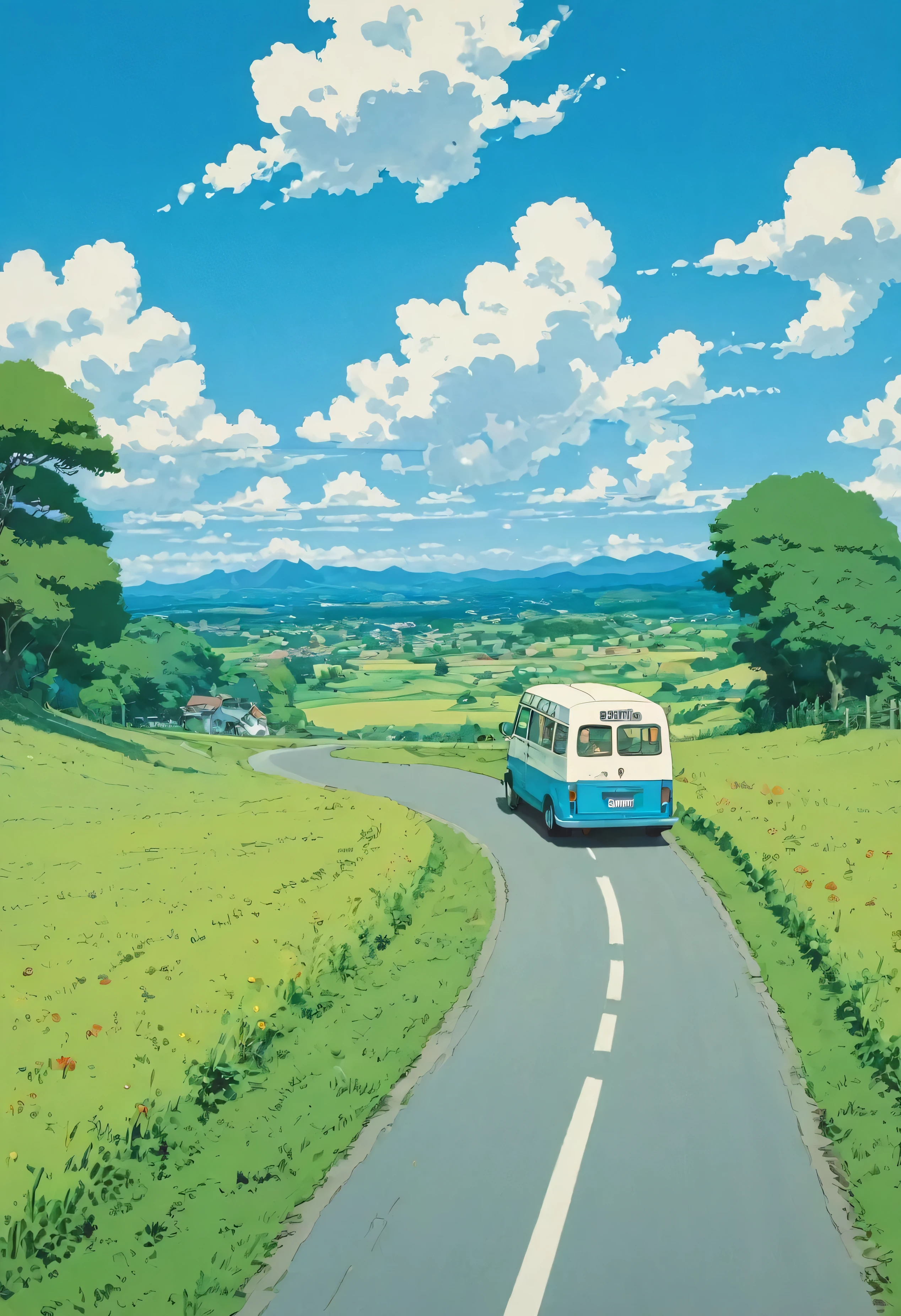 (minimalism:1.4), a Minibus on the road, Studio Ghibli art, Miyazaki, pasture with blue sky and white clouds