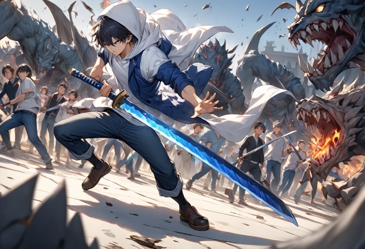  Chopping Knife "Claw " , Bladewers 1 .5ｍ Blue Wild Sword  ,  Japanese sword wearing a sacred pale fighting spirit that has slashed all kinds of monsters since ancient times , Focus on the sword ,  Young Man Wearing a White Hoodie, Blue Jacket, and Jeans"Asuka"is holding , Carcasses of monsters that have been defeated are scattered around, One-handed flatfoot pose with the tip raised horizontally from the shoulder((  Motion Blur ：2.0,  background blur)) ,Focus on the sword 