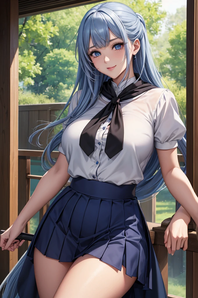 Manhwa Style，Naughty sister type，(High-quality characters:1.2)，(4K:1.1)，(Exquisite facial features:1.2)，Glossy face，up-close，(Directly rear view:1.3)，(The complexion is very fair:1.3)，(sophisticated haircut:1.1)，(Pale light blue hair:1.1)，(pink gradient:1.1)，(Purple stripe dyeing:1.1)，(Thin leg:1.2)，(big breasts thin waist:1.2)，(Small breasts:1.2)，(Protruding nipples1.2)，(1个Giant Breast Girl:1.1)，(15-year-old girl:1.1)，Bow hairpin，White heart-shaped earrings，校服，White belt，Messy uniform jacket，(Wet clothes:1.1)，(white  shirt:1.1)，(White waist pantyhose on the left leg:1.3)，(Black pantyhose on the right leg:1.3)，(Gray low-rise pleated plaid skirt:1.3)，(Grass background:1.2)，(Hands lift the skirt:1.2)，(Scratch and rub your breasts with your hands:1.3)，Shy blush，Best quality at best