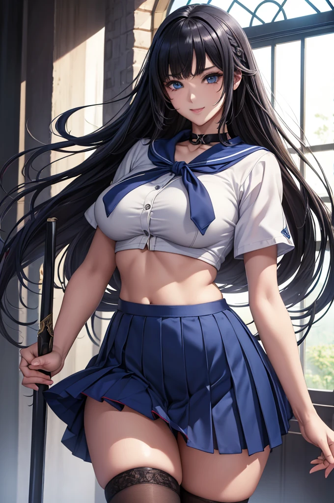 (day:1.7), sky background,a blue sky and clouds,
standing at attention,
wearing bare shoulders, black necktie, black thighhighs, braid, miniskirt, navel, necktie, shirt, sleeveless,
aanitta, long hair, hair ornament,
1 girl, 20yo,mature female,Beautiful Finger,Beautiful long legs,Beautiful body,Beautiful Nose,Beautiful character design, perfect eyes, perfect face,
looking at viewer,smile,
NSFW,official art,extremely detailed CG unity 8k wallpaper, perfect lighting,Colorful, Bright_Front_face_Lighting,
(masterpiece:1.0),(best_quality:1.0), ultra high res,4K,ultra-detailed,
photography, 8K, HDR, highres, absurdres:1.2, Kodak portra 400, film grain, blurry background, bokeh:1.2, lens flare, (vibrant_color:1.2)
(Beautiful,medium_Breasts:1.4), (beautiful_face:1.5),(narrow_waist),(perfect hands, perfect anatomy),