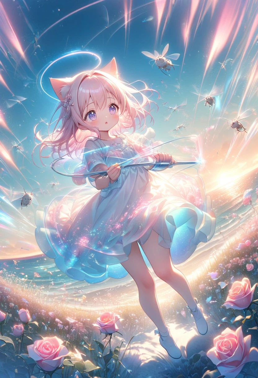  White Cute *********** Cat Angel 、(( Full Body Shot :1.2))、Free Angle 、 floats up and flies like a helicopter、 plastic rapier glowing rose pink、Afterimage、streamline、Pastel Grass 、Shake、 horizon 