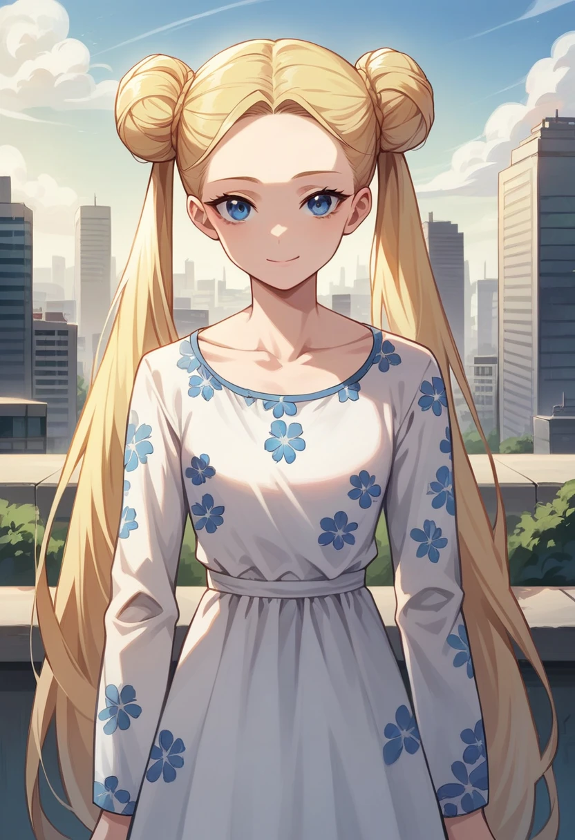 (masterpiece, best quality, very aesthetic, ultra detailed), intricate details, 4k, 1girl, solo, aausagi, long hair, blonde hair, double bun, twintails, parted bangs, blue eyes, blue eyes, white dress, floral print, collarbone, long sleeve, looking at viewer, closed mouth, smile, outdoors, city, day, standing,