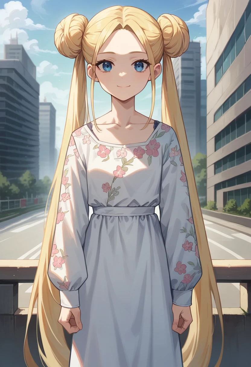 (masterpiece, best quality, very aesthetic, ultra detailed), intricate details, 4k, 1girl, solo, aausagi, long hair, blonde hair, double bun, twintails, parted bangs, blue eyes, blue eyes, white dress, floral print, collarbone, long sleeve, looking at viewer, closed mouth, smile, outdoors, city, day, standing,