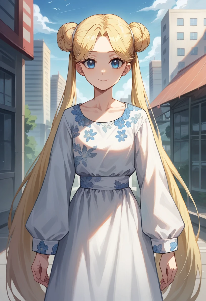 (masterpiece, best quality, very aesthetic, ultra detailed), intricate details, 4k, 1girl, solo, aausagi, long hair, blonde hair, double bun, twintails, parted bangs, blue eyes, blue eyes, white dress, floral print, collarbone, long sleeve, looking at viewer, closed mouth, smile, outdoors, city, day, standing,