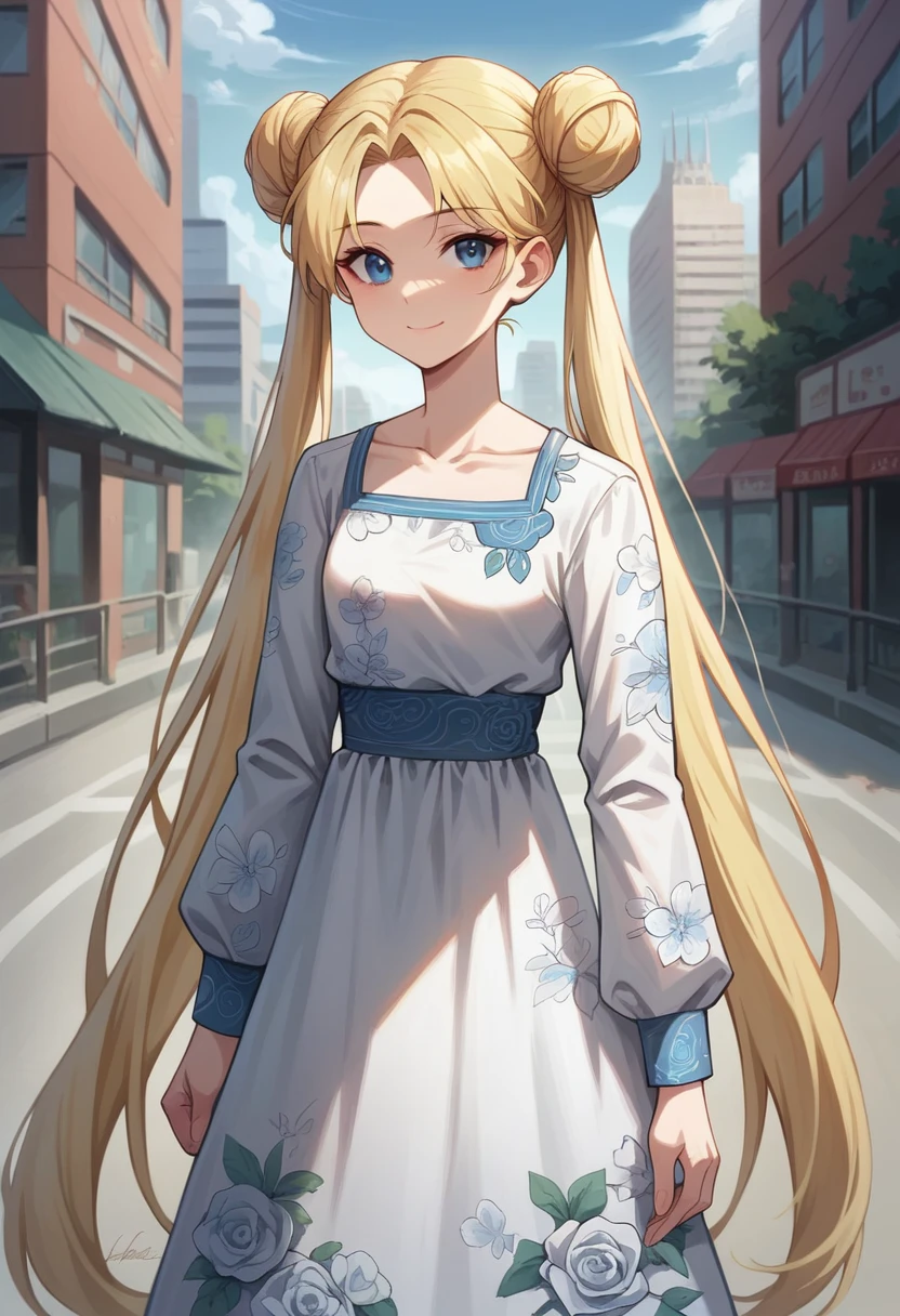 (masterpiece, best quality, very aesthetic, ultra detailed), intricate details, 4k, 1girl, solo, aausagi, long hair, blonde hair, double bun, twintails, parted bangs, blue eyes, blue eyes, white dress, floral print, collarbone, long sleeve, looking at viewer, closed mouth, smile, outdoors, city, day, standing,