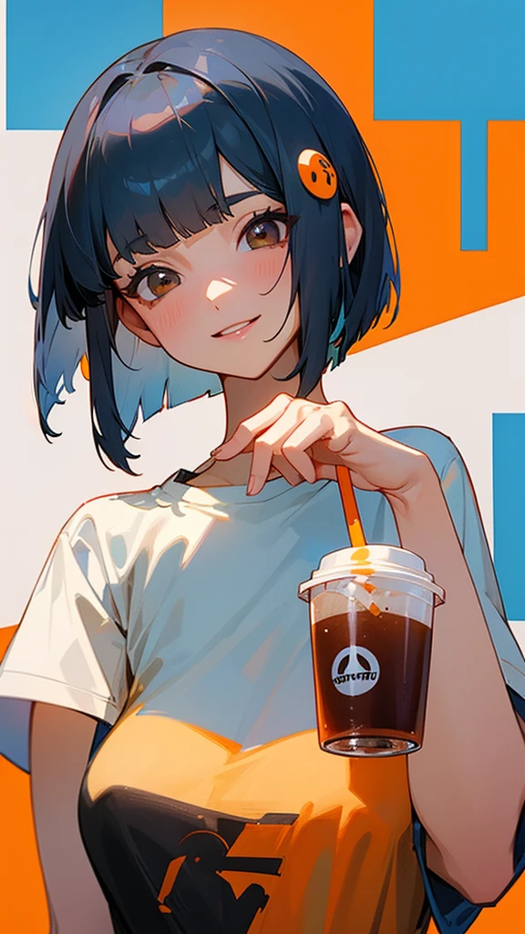 20-year-old women、 Dusty Blue Hair 、Jet Black Brown Eyes 、 bob cut、Orange hair ornament、Looking upwards 、The upper body is a white t-shirt 、Holding a cup filled with drinks、smile、delicious、No background、Background white