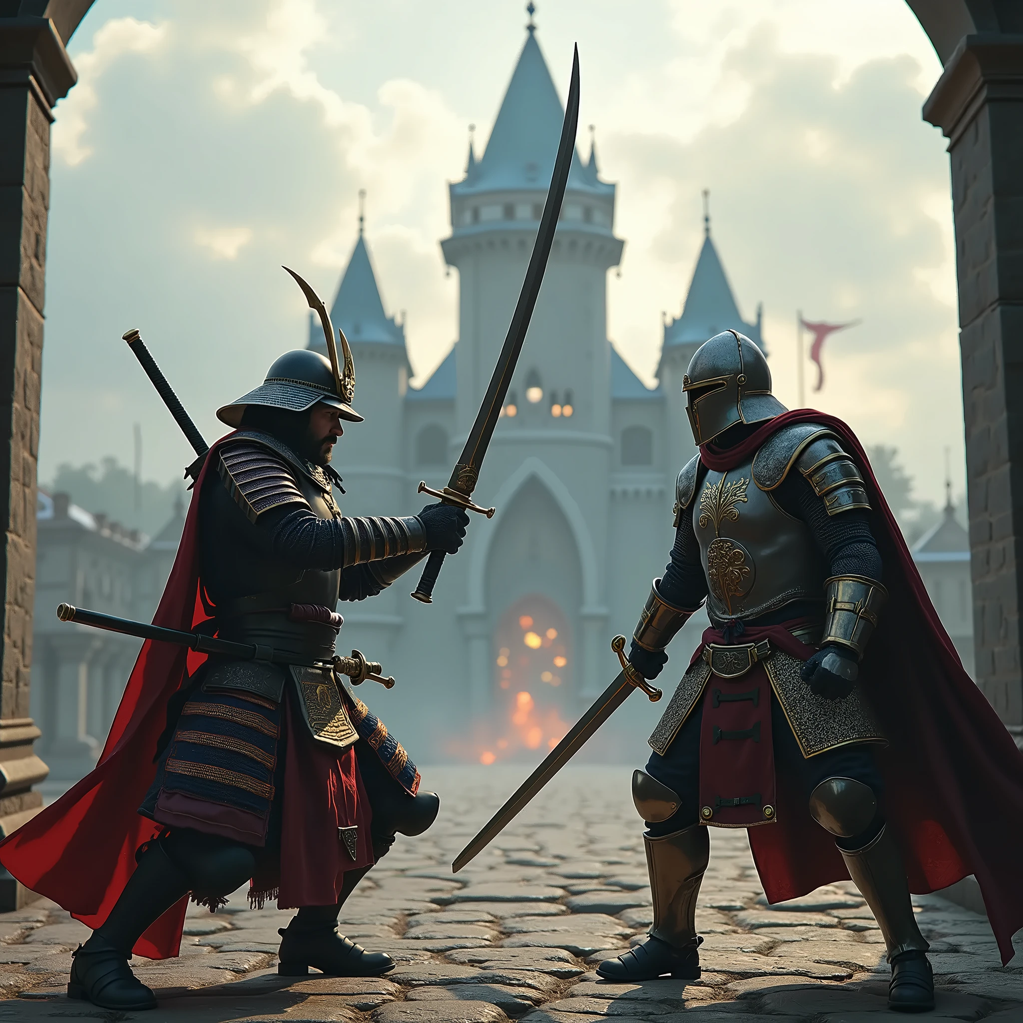 (At the heart of the game, mortal combat , detailed photo image ,UHD,HDR,8k render) , in the background of a European castle {x} on the left of the screen, a samurai in full Japanese armor with a katana above his head stands in front of a 14th-century European Teutonic knight, With sword and shield,in the right corner,  between them is a large  "vs",  playstyle with a European castle ,