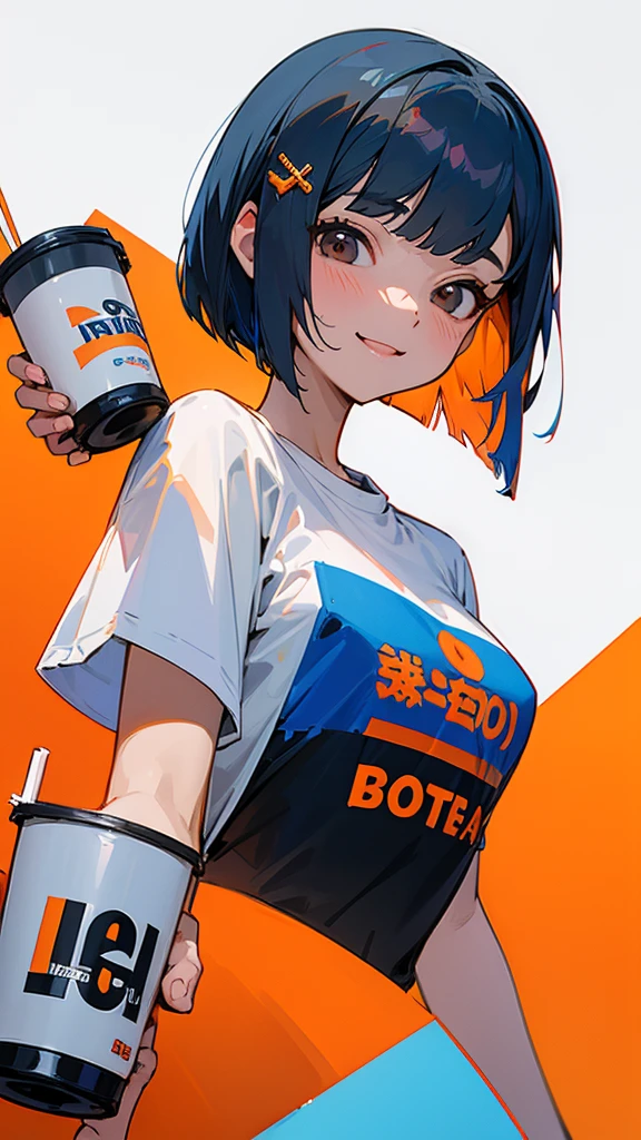 20-year-old women、 Dusty Blue Hair 、Jet Black Brown Eyes 、 bob cut、Orange hair ornament、Looking upwards 、The upper body is a white t-shirt 、Holding a cup filled with drinks、smile、delicious、No background、Background white