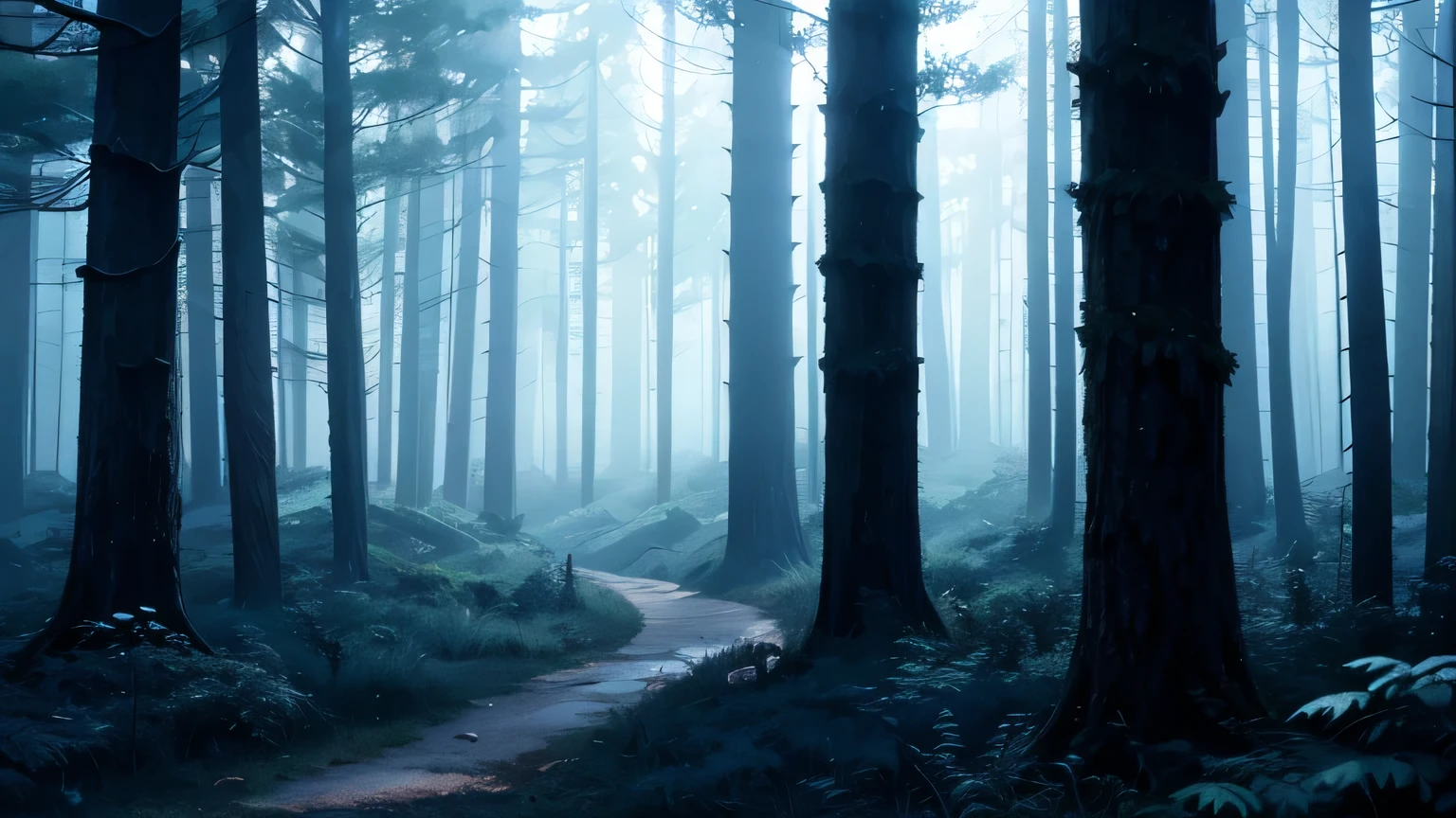 blue looking forest dark,very dark,realistic,fog,anime looking