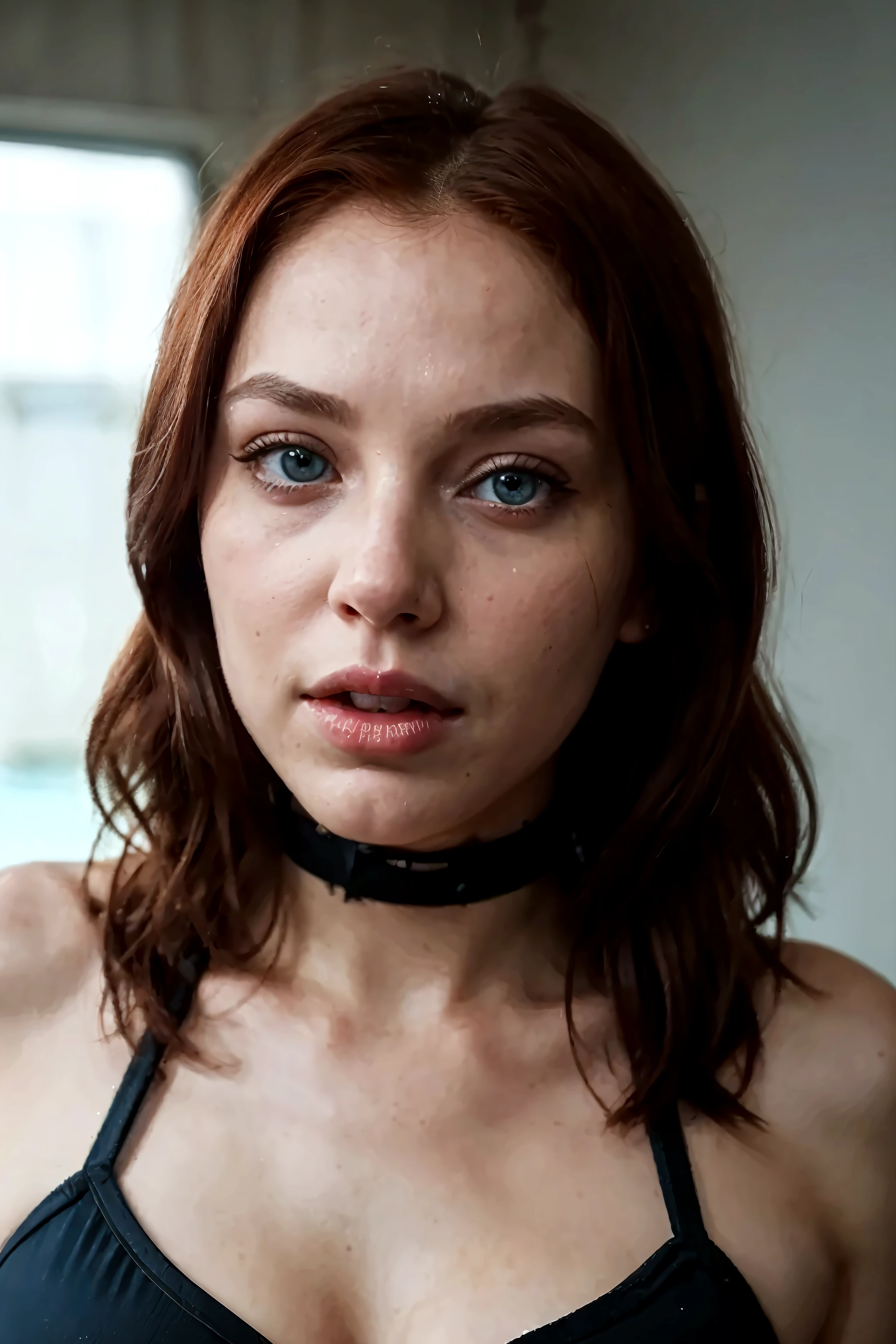 nude, lying on bed, (slave collar:2.0), realistic dull skin texture, viewed from above, legs open, (tied up:1.9), (handcuffed:1.6), (large breasts:2.0), arlwnter woman, Ariel Winter, (cum on face:3.0), (suffocating:2.5), (skinny:1.5), (choked:2.0)