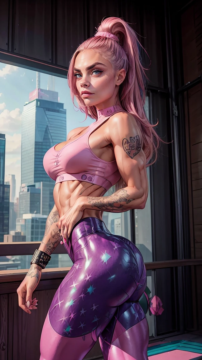 (futanari), (1girl) ,(huge horse, detailed, erection), (huge testicles), breasts, solo, looking at viewer, large breasts, pink hair, sweat, muscular, abs, thick thighs, navel, completely, thighs, muscular female, body tattoo, sitting, ((best quality)), ((masterpiece)),((highly detailed)), fine details, award winning image, highly detailed, outdoors, in public, on the bench, modern city, drinking coffee, no clothes, barefoot, showing feet, detailed feet, (detailed face), perfect face