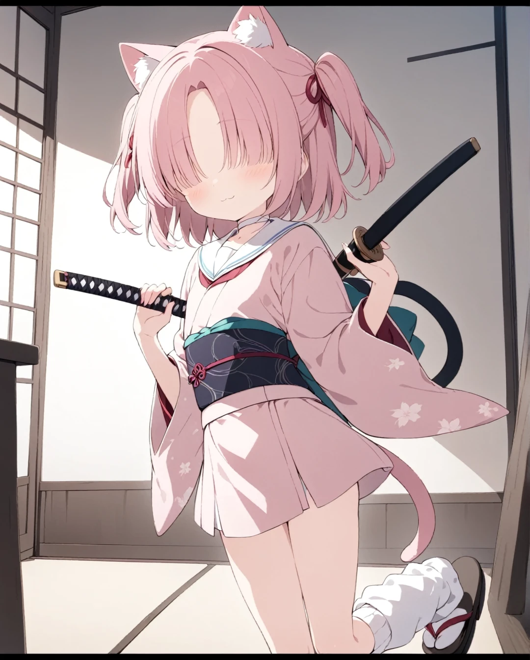  1 ***********,solo,(Chlorella_mob),:3,((Face Closeup)),perfect anatomy,katana,(holding katana),dynamic action pose,Cat ear,Cat tail,(no eyes),pink hair,two side up,parted bangs,white sailor collar,white choker,japanese clothes,obi,loose socks,zouri,Pochette for legs,flat chest,,masterpiece,best quality,anime screencap,Japanese paper background