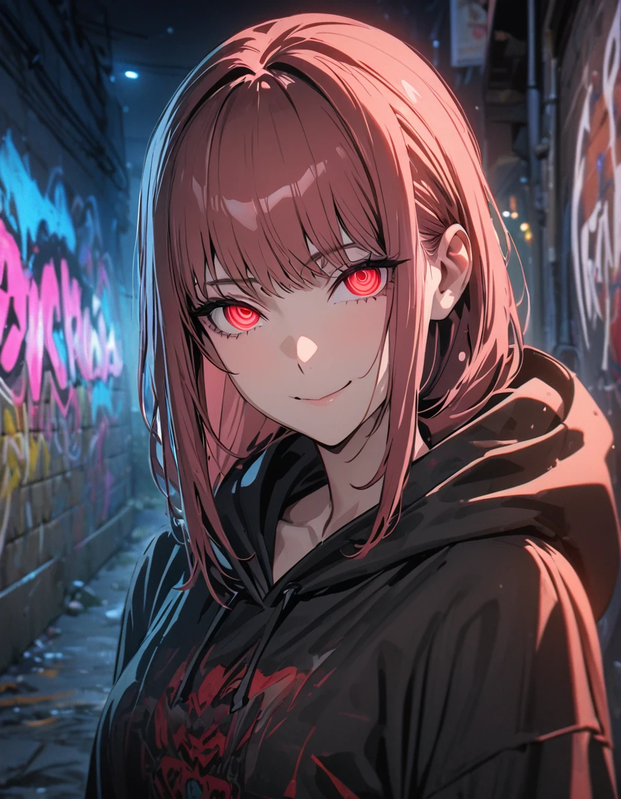 masterpiece, Best Quality, 8k, detailed background , masterpiece, Best Quality, smile,  ornament,  hoodie, Portraiture, Neon Red, graffiti, dark, night, Shining Eyes,  black light ,Makima