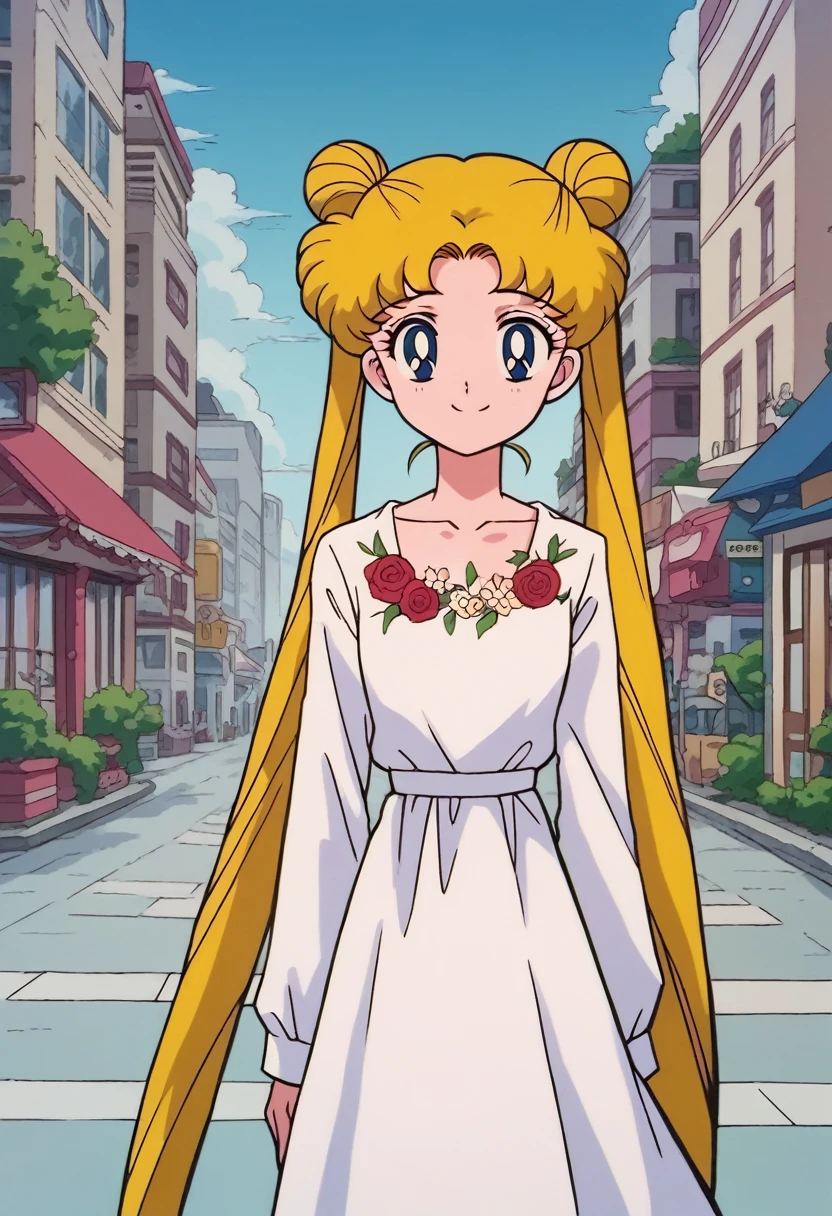 tsukino_usagi, (masterpiece, best quality, very aesthetic, ultra detailed), intricate details, 4k, 1girl, solo, aausagi, long hair, blonde hair, double bun, twintails, parted bangs, blue eyes, blue eyes, white dress, floral print, collarbone, long sleeve, looking at viewer, closed mouth, smile, outdoors, city, day, standing,