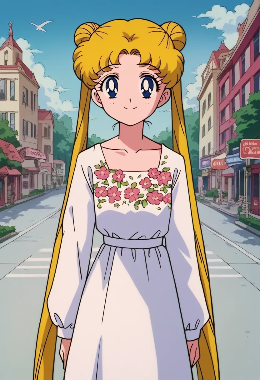 tsukino_usagi, (masterpiece, best quality, very aesthetic, ultra detailed), intricate details, 4k, 1girl, solo, aausagi, long hair, blonde hair, double bun, twintails, parted bangs, blue eyes, blue eyes, white dress, floral print, collarbone, long sleeve, looking at viewer, closed mouth, smile, outdoors, city, day, standing,