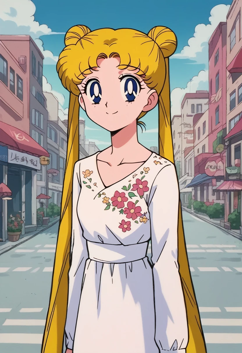 tsukino_usagi, (masterpiece, best quality, very aesthetic, ultra detailed), intricate details, 4k, 1girl, solo, aausagi, long hair, blonde hair, double bun, twintails, parted bangs, blue eyes, blue eyes, white dress, floral print, collarbone, long sleeve, looking at viewer, closed mouth, smile, outdoors, city, day, standing,