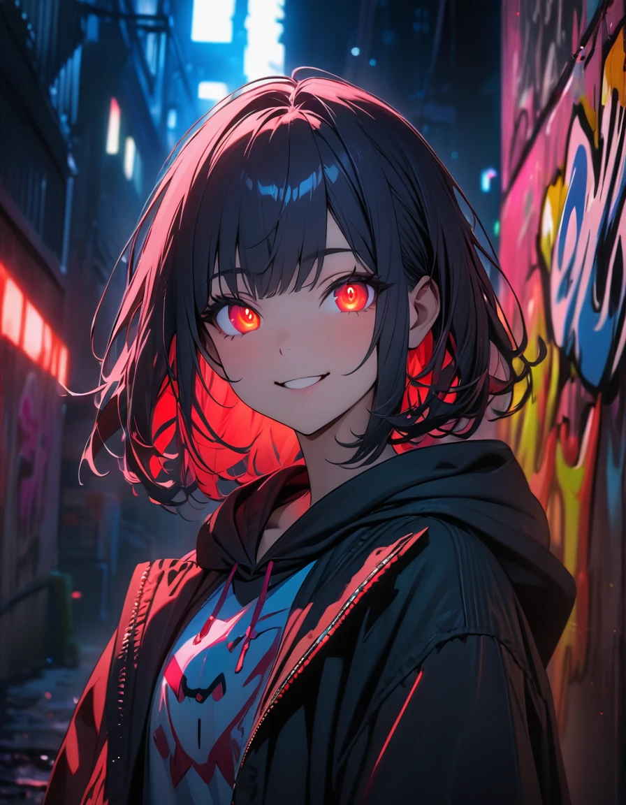 masterpiece, Best Quality, 8k, detailed background , masterpiece, Best Quality, smile,  ornament,  hoodie, Portraiture, Neon Red, graffiti, dark, night, Shining Eyes,  black light ,General Raiden