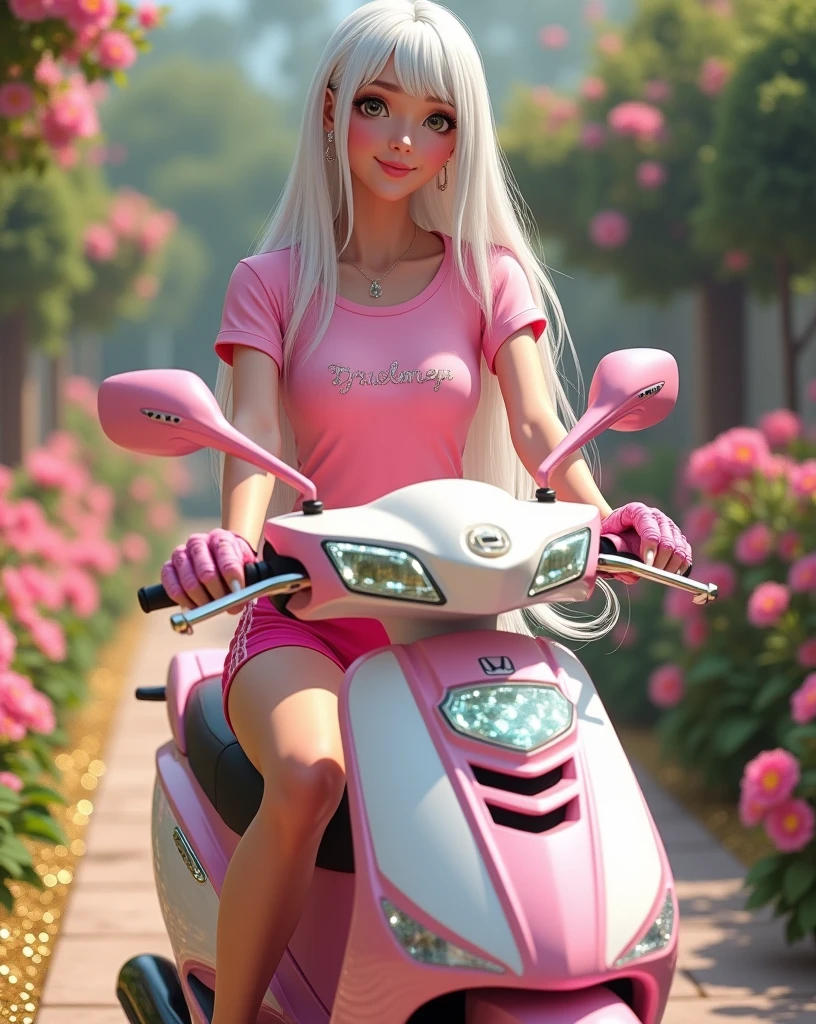 A beautiful girl with long hair，Wear a tight hip skirt，Wearing translucent grey，Riding a pink and white motorcycle，On the way to the medieval castle，Drinking water，One hand lifts white hair，Charming eyes，Well-proportioned figure，The chest is half bare
