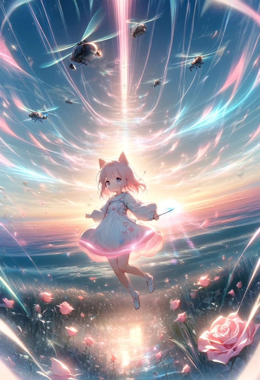  White Cute  Cat Angel 、(( Full Body Shot :1.2))、Free Angle 、 floats up and flies like a helicopter、 plastic rapier glowing rose pink、straight afterimage 、 streamlined pastel grass、Shake、 horizon 