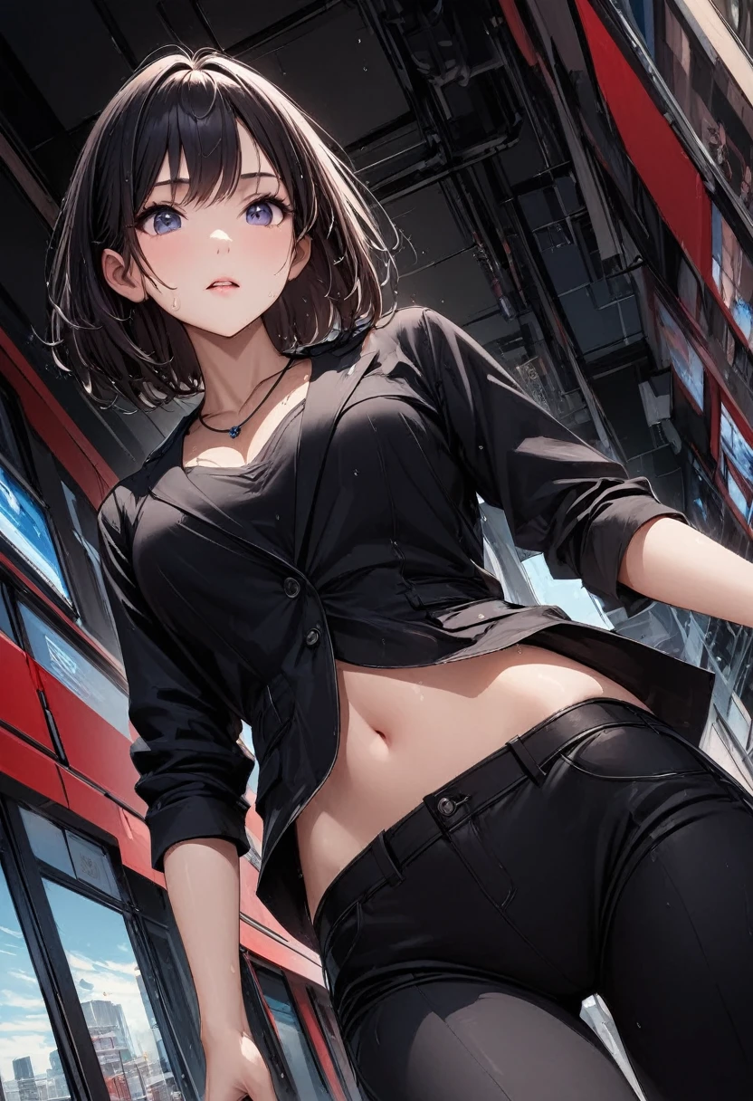 1 beautiful women,Crop topping,Mature lady,Perfect face shape,The whole body, Redlip,fur,Superskirt, black lence stockings,Extremely detailed,Dark brown hair,Normal posture,urban backdrop,view the viewer(Masterpiece, Best quality:1.2)