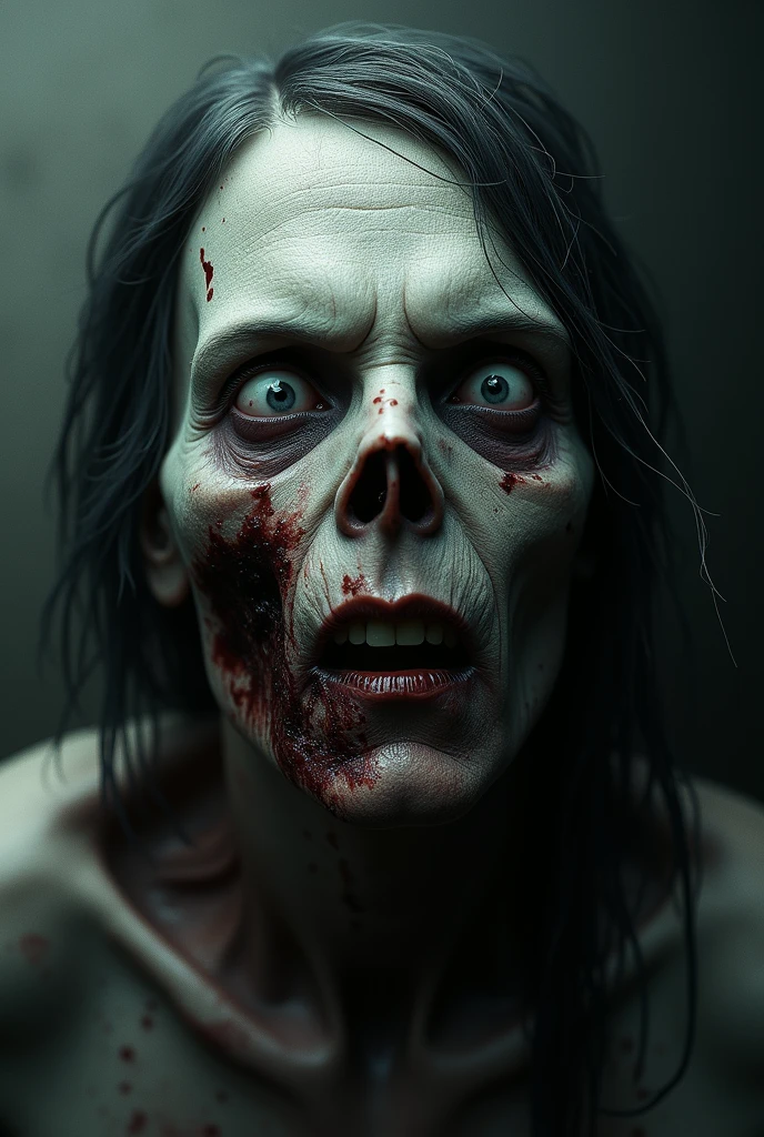 Man with head broken in half, brain falling, rotten teeth, scattered guts, blood, necrotizing skin, vivid colors, 8k quality, lots of detail, cinematic focus, bulging eyes, eyes alive blood