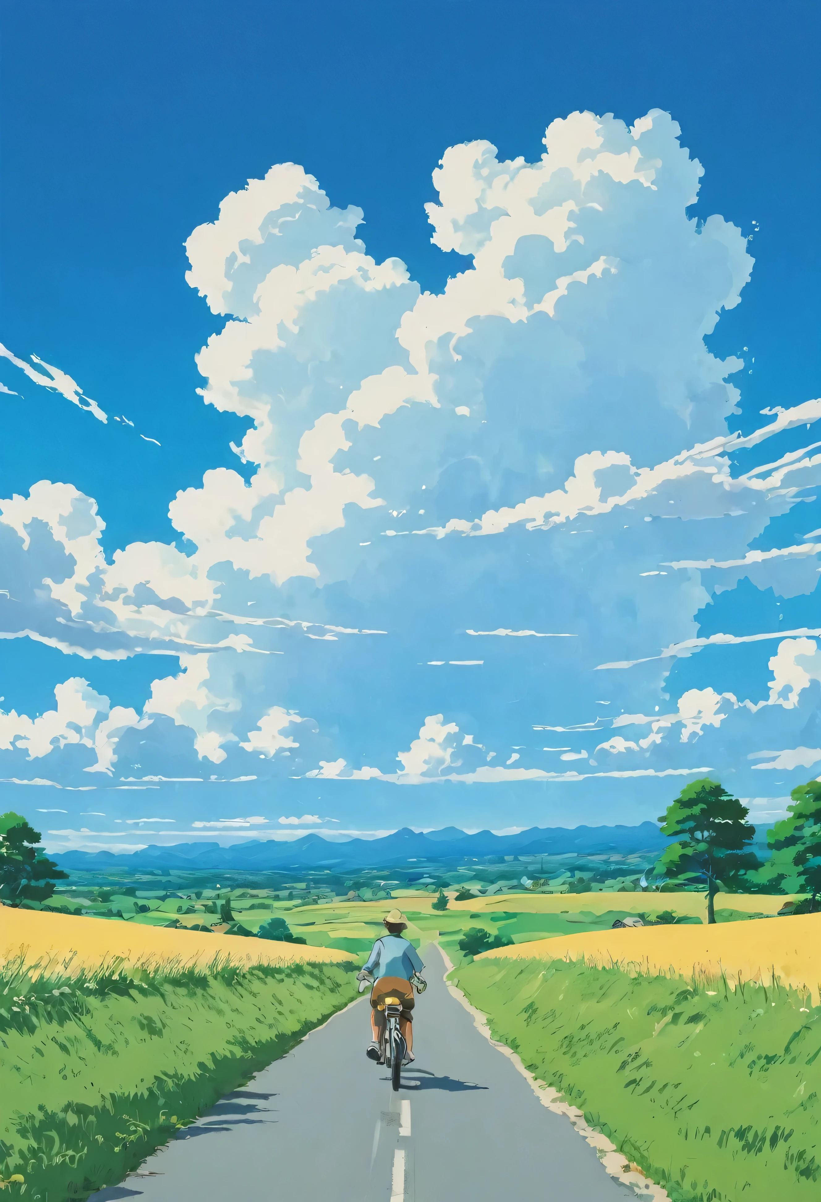 (minimalism:1.4), a bikecycle on the road, Studio Ghibli art, Miyazaki, pasture with blue sky and white clouds, bright