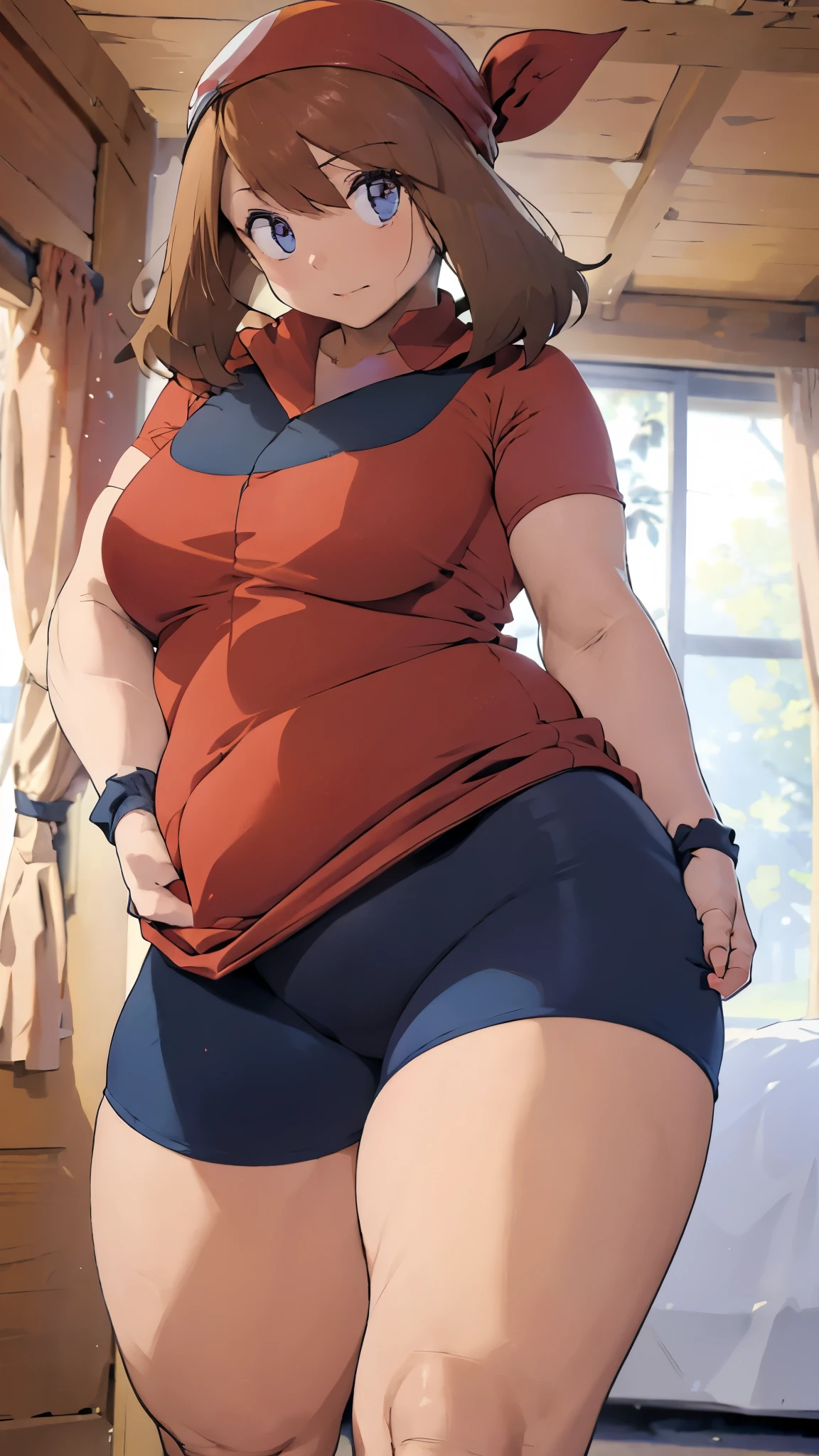 A single girl wearing a red short tight t-shirt and black cycling shorts((  cowboy shot)),Brown Hair, blue eyes,short hair, chubby body,  enchanting looks  ,I'm wearing black cycling shorts,Brown Hair,Red Bandanaを頭に着けている,gloves,Blushed,Happy, THICK THIGS ,,Thick arms,wide abdomen,Wide waist,Red Bandana,Camel toe,Shine the light from the front,Bright room, lean forward