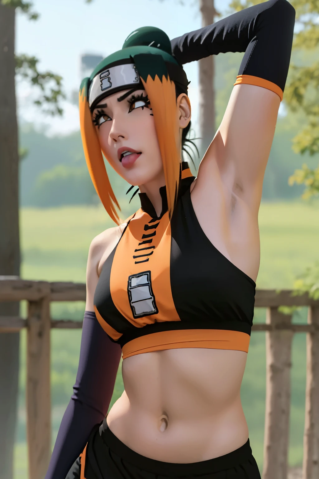 created a masterpiece, with a design similar to a realistic version of the character in the anime Naruto Shipuuden (Pakura). light details, character details, all conditions are perfect, beautiful face, faint smile expression. pose facing the camera. half body photo. medium large breasts. sexy curvaceous body, beautiful face, high resolution, perfect, quality detail,detail Lora solo,armpits,wet armpits, showing wet armpits, armpit,armpits,sweat,sweaty,sweaty armpits,awesome armpits,tired,exhausted,arms up,blackish arm warmers,sleeveless,lying down,lying in bed,arms raised,arms stretched out