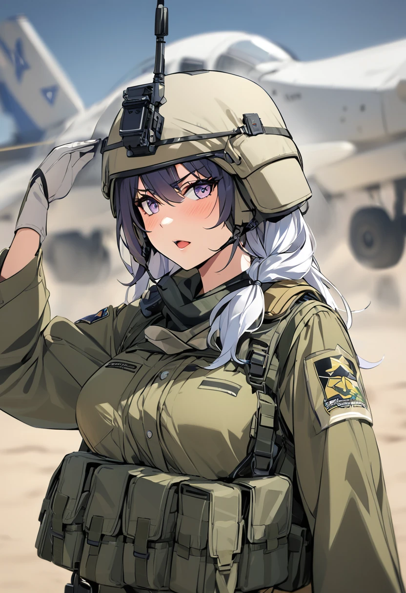 Cute girl, Israeli soldier, gray hair, blue eyes, beautiful, big breasts, Israeli flag, short pants, israeli soldier