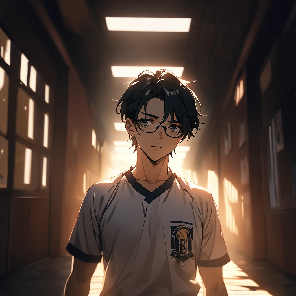  From front, handsome anime male, light skin, black hair, short hair, eye glasses, black Volleyball player Uniform, On school, Warm lighting, Dramatic lighting, Cinematic, 4K quality, Beautiful scenery, 