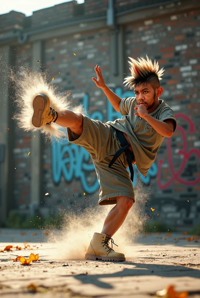 A baby boy with curly black hair, smiling, wearing a jiu-jitsu uniform, action pose, dynamic composition, dramatic lighting, hyper-realistic, cinematic, vibrant colors, 8k, high quality