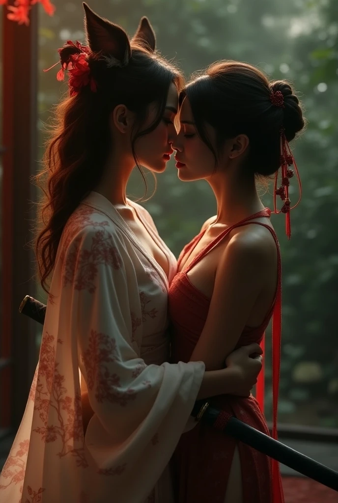 ((Best quality, 8k, Masterpiece :1.3)), Sharp focus:1.2 ((Beautiful geisha, full body portrait. in kimono.bare shoulders, and Shinobi)) Kiss. Bite your lip. Hug. Romantic, in the room •Tattooed neck detail. , Tattooed skin. Full Body_mix4, 20d, solo, photo-realistic:1.37