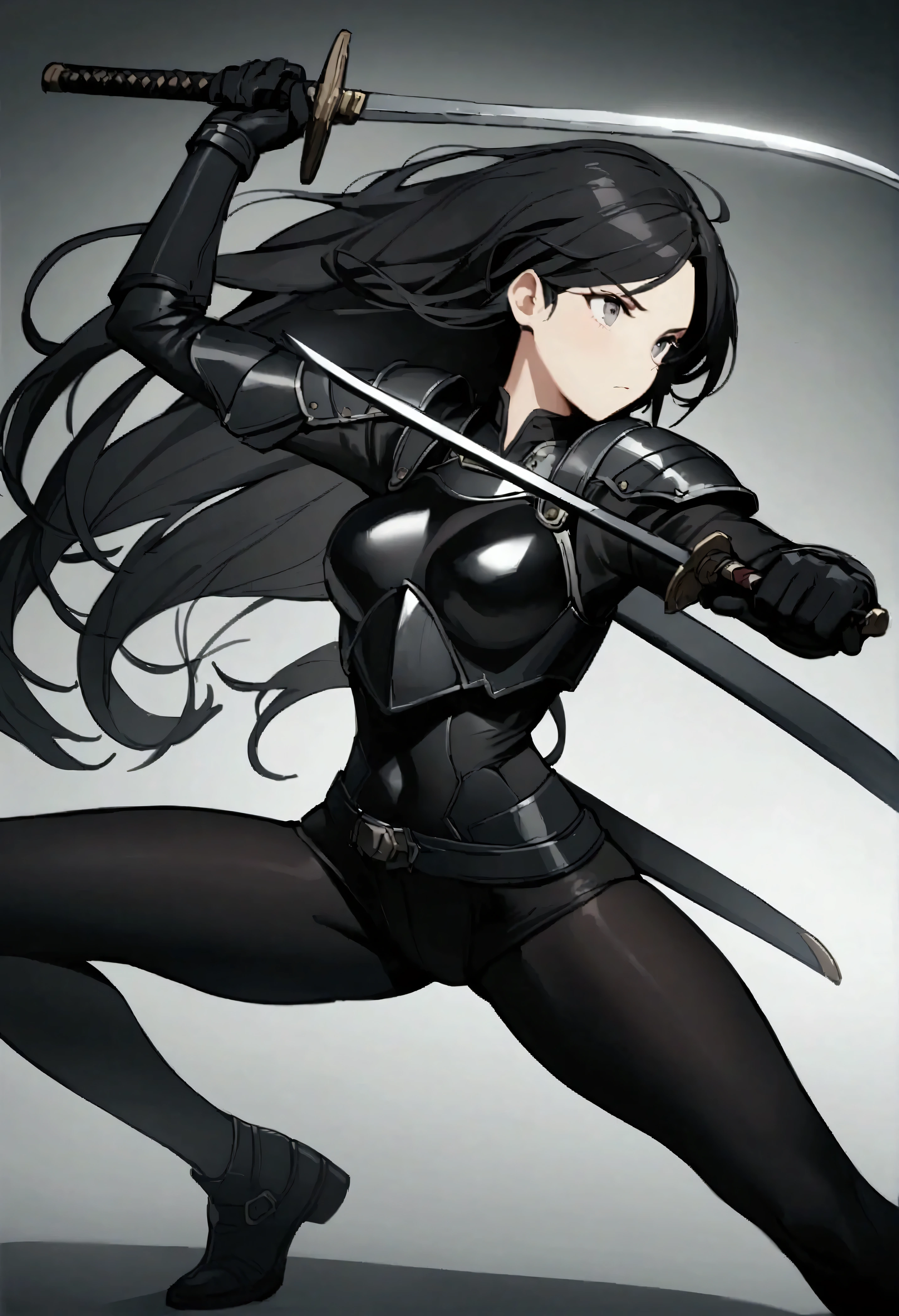anime girl in black outfit holding a sword and a sword, holding a sword on her shoulder, she is holding a katana sword, she is holding a sword, by Jin Homura, with large sword, inspired by Jin Homura, portrait ninja gaiden girl, long sword in her hand, katana, portrait of a female anime hero, demon slayer rui fanart, mulher sexy, peitos grandes, decote no peito, manga preto e branco