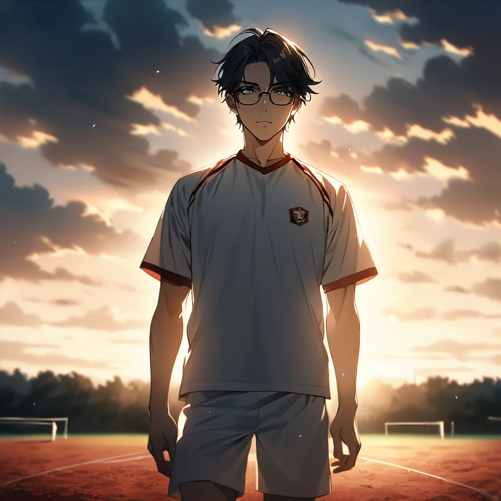  From front, handsome anime male, light skin, black hair, short hair, eye glasses, black Volleyball player Uniform, On volleyball fields, Warm lighting, Dramatic lighting, Cinematic, 4K quality, Beautiful scenery, 