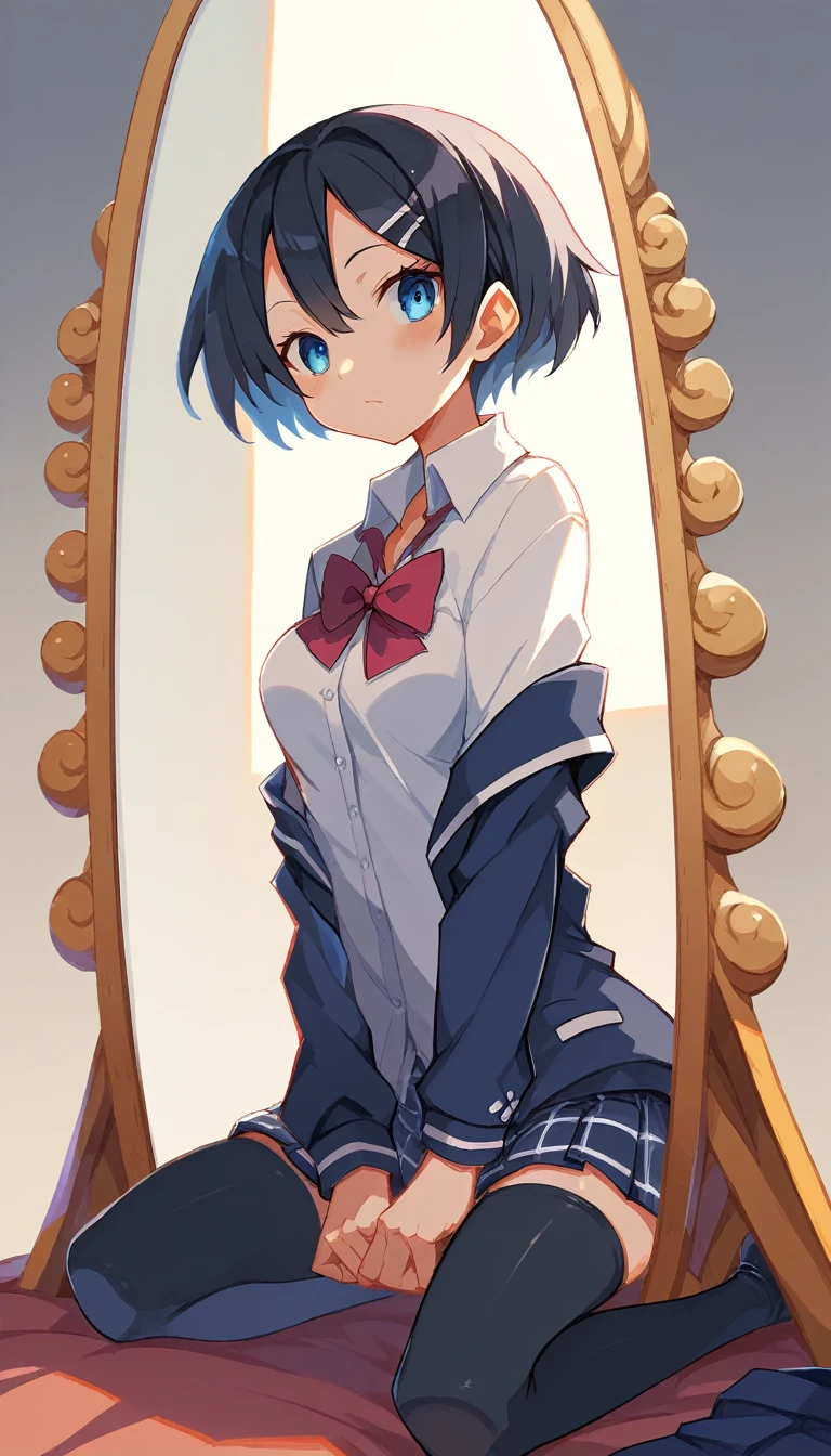 NSFW Partial Uncensored Ultra High Definition One ***********, School Blazer, Uniform, Clear Skin, 40 Denier Black Tights, Purplish Black Hair, Short Hair, Blue Eyes, Medium Breasts, Expression of Despair, Mirror Background Kneeling at Viewers