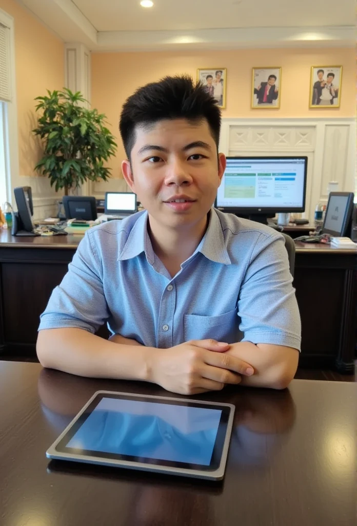 A handsome Thai guy ,  with no wrinkles on his forehead , wearing a polo shirt, black slacks, sitting at work lying on a lot of desks, and a lot of work on the computer on iPads in a luxurious room.