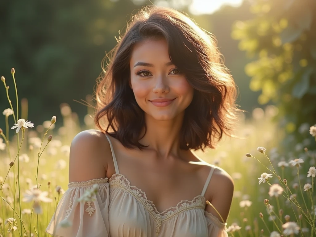 Completely naked,(( realistic light, highest quality, 8k, masterpiece :1.3)), 1 girl, Beautiful woman with slender figure :1.4, abs :1.1, (Floating wavy silk brown hair, hair blowing in the wind, big_chest :1.2), (deep_cleavage), (Sweaty skin on chest:1.3), Are standing, Sunset in the mountains, Dynamic natural light, super detailed face, fine eyes, double eyelid, shiny skin, full_body shot、smile、short hair style、Ivory costume、see-through costume、silk blouse