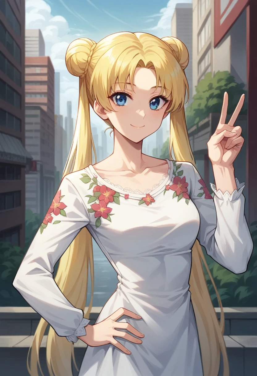 tsukino_usagi, (masterpiece, best quality, very aesthetic, ultra detailed), intricate details, 4k, 1girl, solo, aausagi, long hair, blonde hair, double bun, twintails, parted bangs, blue eyes, blue eyes, white dress, floral print, collarbone, long sleeve, looking at viewer, closed mouth, smile, outdoors, city, day, standing, peace, hand on hip,