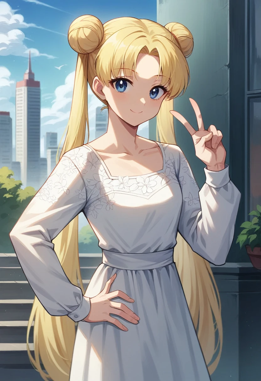 tsukino_usagi, (masterpiece, best quality, very aesthetic, ultra detailed), intricate details, 4k, 1girl, solo, aausagi, long hair, blonde hair, double bun, twintails, parted bangs, blue eyes, blue eyes, white dress, floral print, collarbone, long sleeve, looking at viewer, closed mouth, smile, outdoors, city, day, standing, peace, hand on hip,