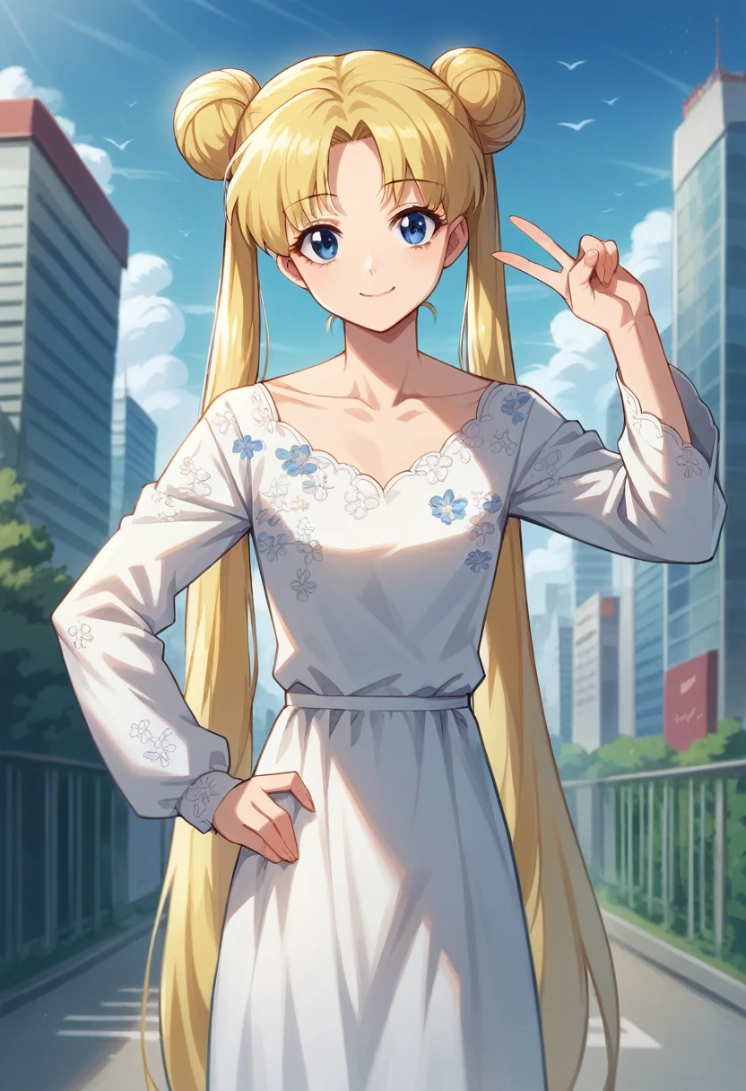 tsukino_usagi, (masterpiece, best quality, very aesthetic, ultra detailed), intricate details, 4k, 1girl, solo, aausagi, long hair, blonde hair, double bun, twintails, parted bangs, blue eyes, blue eyes, white dress, floral print, collarbone, long sleeve, looking at viewer, closed mouth, smile, outdoors, city, day, standing, peace, hand on hip,